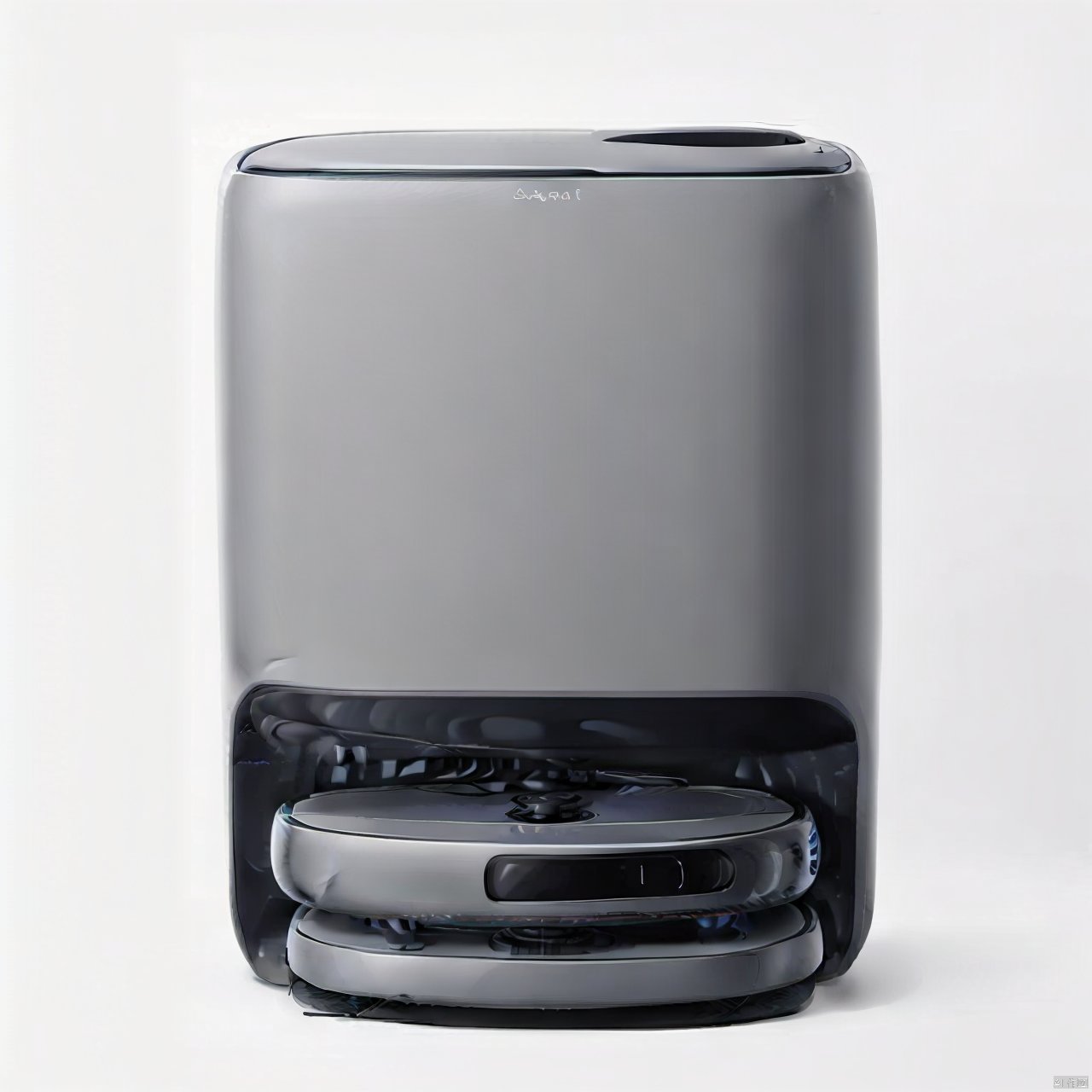A sweeper product design with a sweeper and a base station on a white background,  product design,  product render by 宝拉熊...