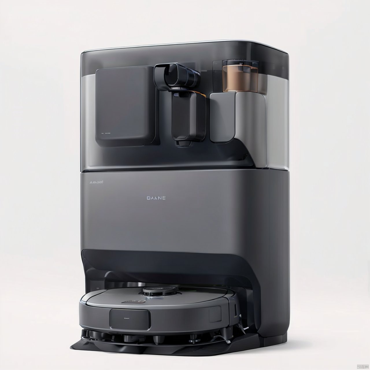 A sweeper product design with a sweeper and a base station on a white background,  product design,  product render by 宝拉熊...