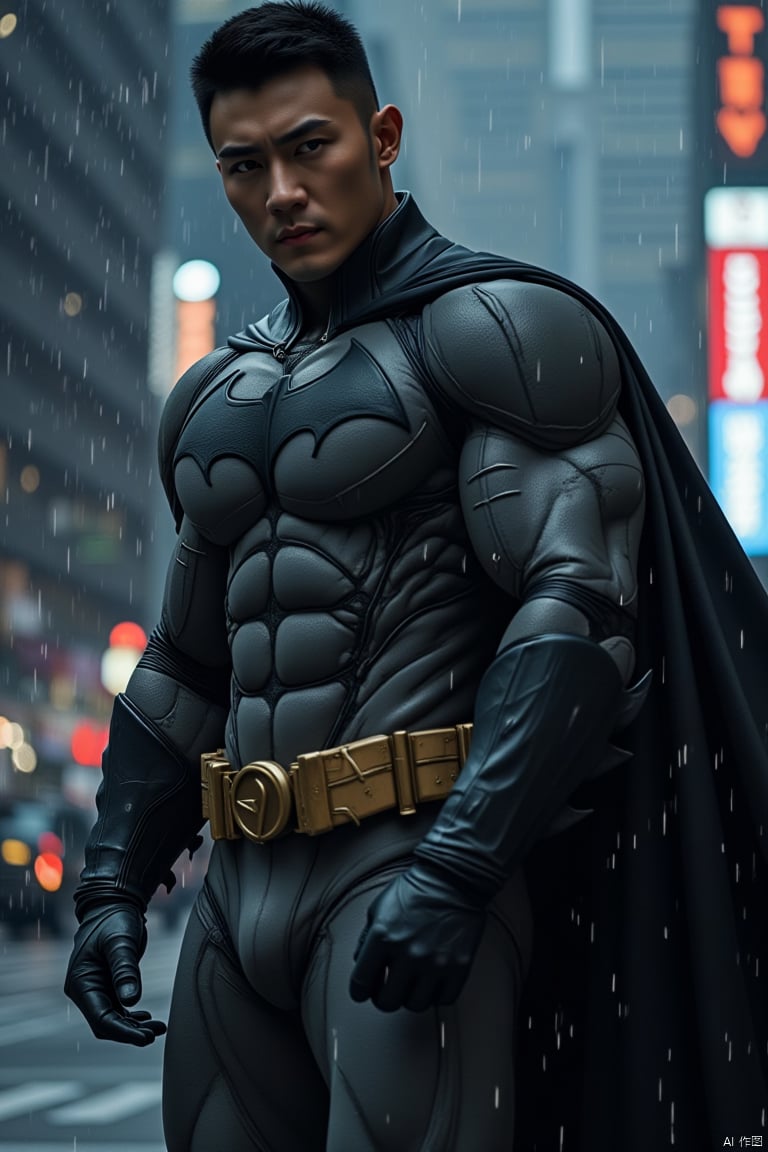 jzns,1man,batman,male focus,asian,exquisite facial features,handsome,muscular,batman clothes,Dynamic pose,full body, looking at viewer,romantic realism, atmospheric,city,night,perfect background, magnificent,masterpiece, realistic, best quality, highly detailed,profession, award winning artwork,ink wash painting background