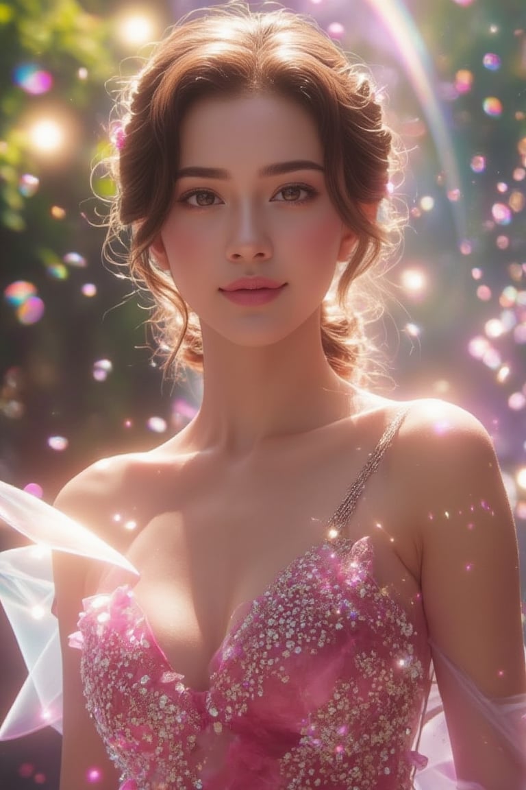 Beautifully captured, a mysterious realm unfolds as a Rococo-beautiful woman balances against a luminous backdrop of rainbow hues in 8K Ultra HD. Her Rococo form is accentuated by soft, bright brushstrokes that cast a winning light on her delicate features. Articulated details dance in her pose: delicate textures outline her face, light-particle crystals adorn her hair, and translucent rose glass art wings resemble a bright Rococo perfume lily. A bewildering smile. The air is filled with magical depictions, and tiny colorful light particles swirl around her, calling the viewer to enter this fantasy and romantic world.