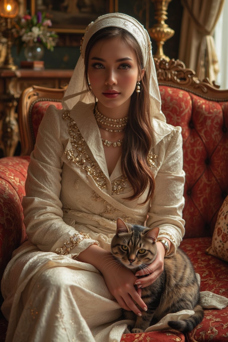 A regal female mummy sits serenely on a plush velvet couch, her linen-wrapped body gleaming in the soft golden light of a lavish living room. She wears an exquisite ensemble of designer clothing, complete with statement jewelry and high heels. Beside her, her tabby cat is also wrapped in luxurious fabrics, its whiskers twitching as it purrs contentedly, both subjects radiating opulence and refinement.