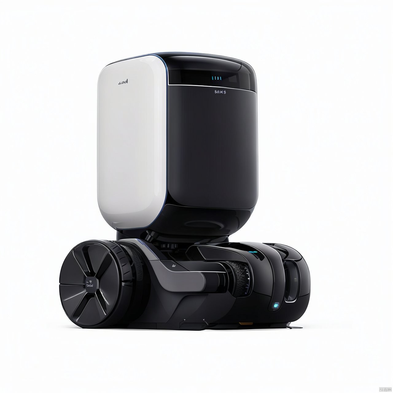 A sweeper product design with a sweeper and a base station on a white background,  product design,  product render by 宝拉熊...