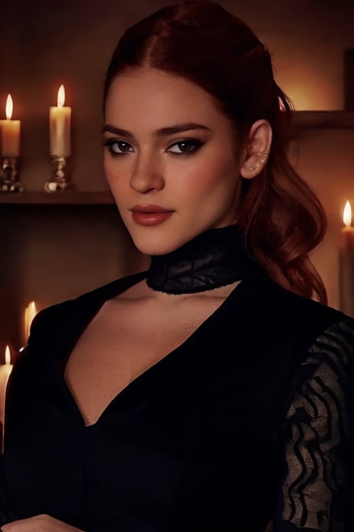 Ana Clara is in a gothic environment, with dark stone walls, lit candles, and a mysterious air. She is wearing a long black dress with lace and velvet details. Her red hair is styled in a complex braid, and her makeup is intense, with dark eyes and dark red lipstick, highlighting her eyes and the contour of her face. The image has a dark and elegant style, with dark color tones and soft, dramatic lighting, capturing the texture of clothes and skin. 