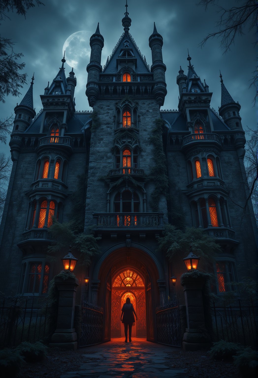 haunted huge castle, shot in front of entrance gate.DarkAura,ABMhauntedVibe,FluxBoost,Midjourney_Whisper