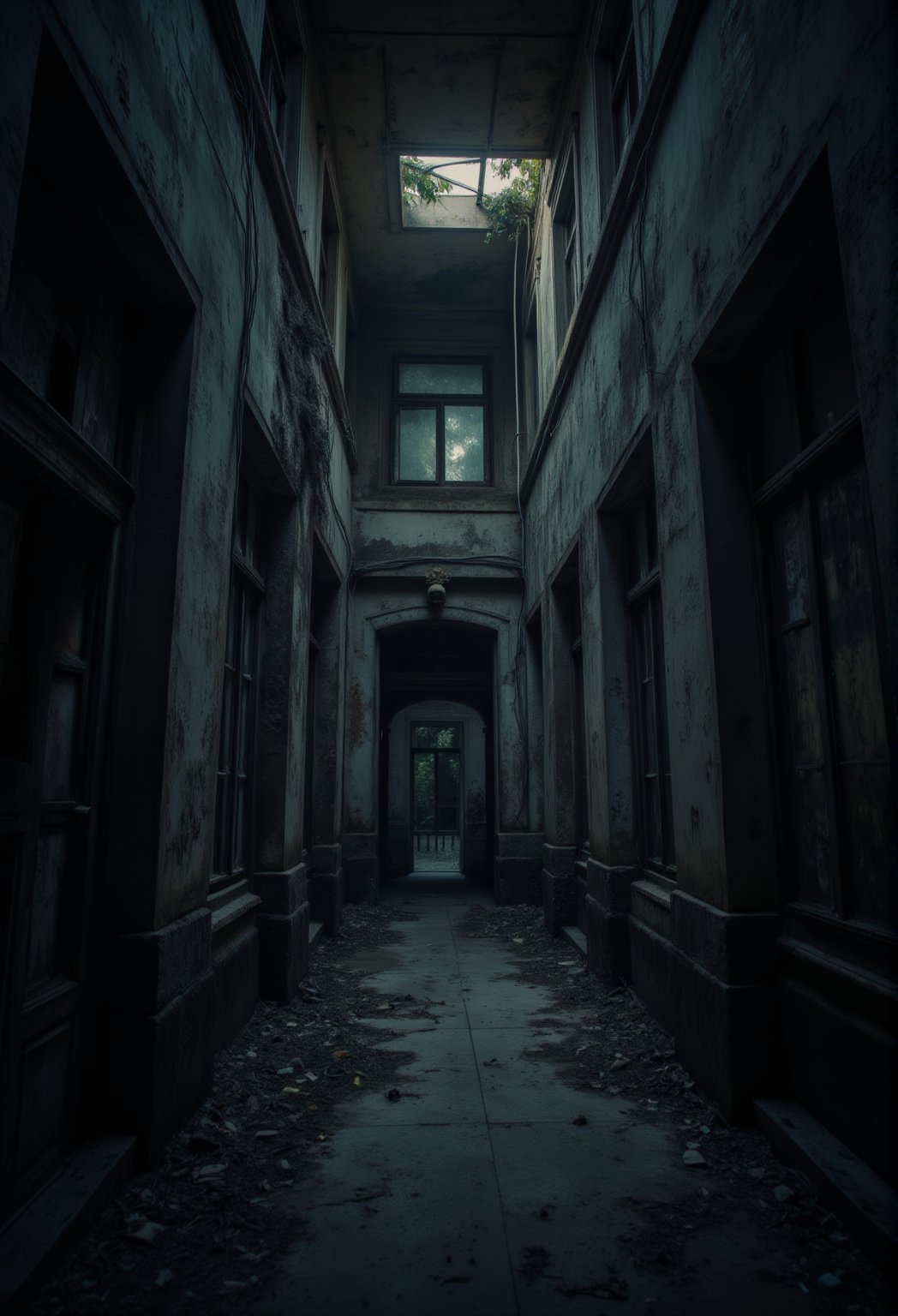 A hyperrealistic and detailed dark photography at dark night of a eerie, haunted, horror big and tall abandoned condominium. ,ABMhauntedVibe,FluxBoost,Midjourney_Whisper