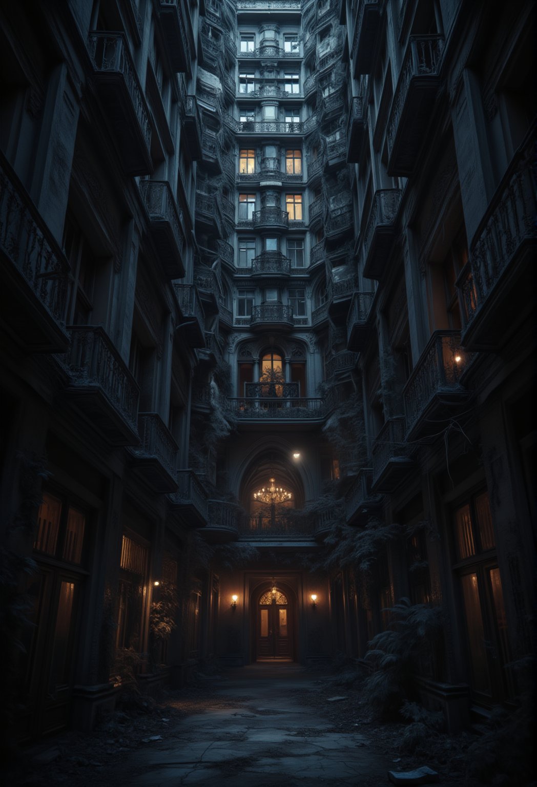 A hyperrealistic and detailed dark photography at dark night of a eerie, haunted, horror big and tall abandoned condominium. DarkAura,ABMhauntedVibe,FluxBoost,Midjourney_Whisper