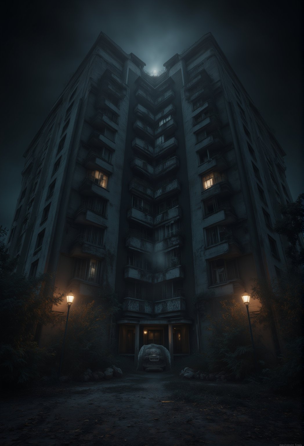 A hyperrealistic and detailed dark photography at dark night of a eerie, haunted, horror big and tall abandoned condominium. ,ABMhauntedVibe,FluxBoost,Midjourney_Whisper