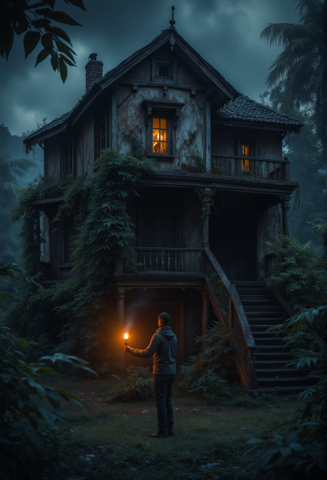 A hyperrealistic and detailed dark photography at night of a man with torch light standing infront of a rusty, overgrown eerie haunted malay house with a close-up shot of a rusty haunted house with vines crawling up, set against the backdrop of an overgrown park with fog.DarkAura,ABMhauntedVibe,FluxBoost,Midjourney_Whisper