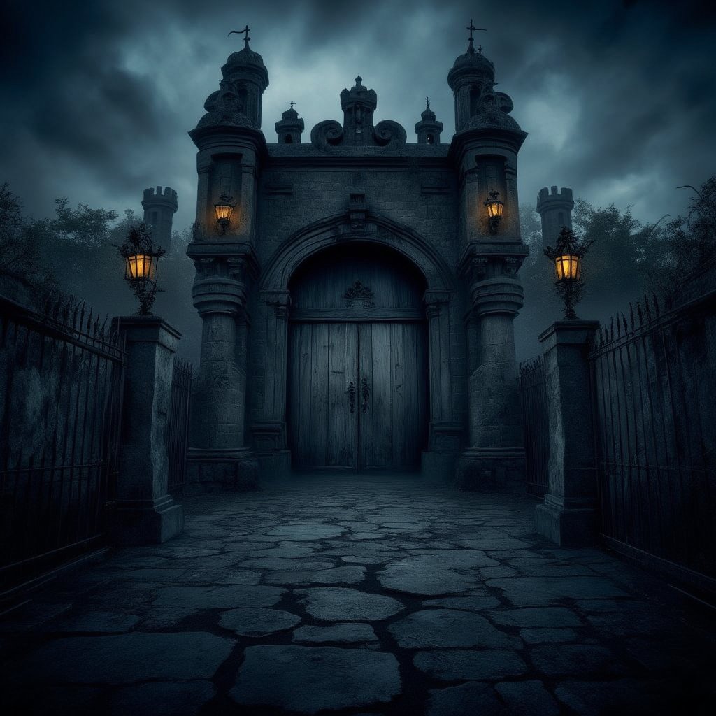 A foreboding, haunted huge castle stands imposingly before a worn, iron entrance gate, its stone walls shrouded in darkness and misty uncertainty. The gate's massive wooden doors hang ominously ajar, creaking softly in the flickering torchlight that casts eerie shadows on the surrounding stones.DarkAura,ABMhauntedVibe, 