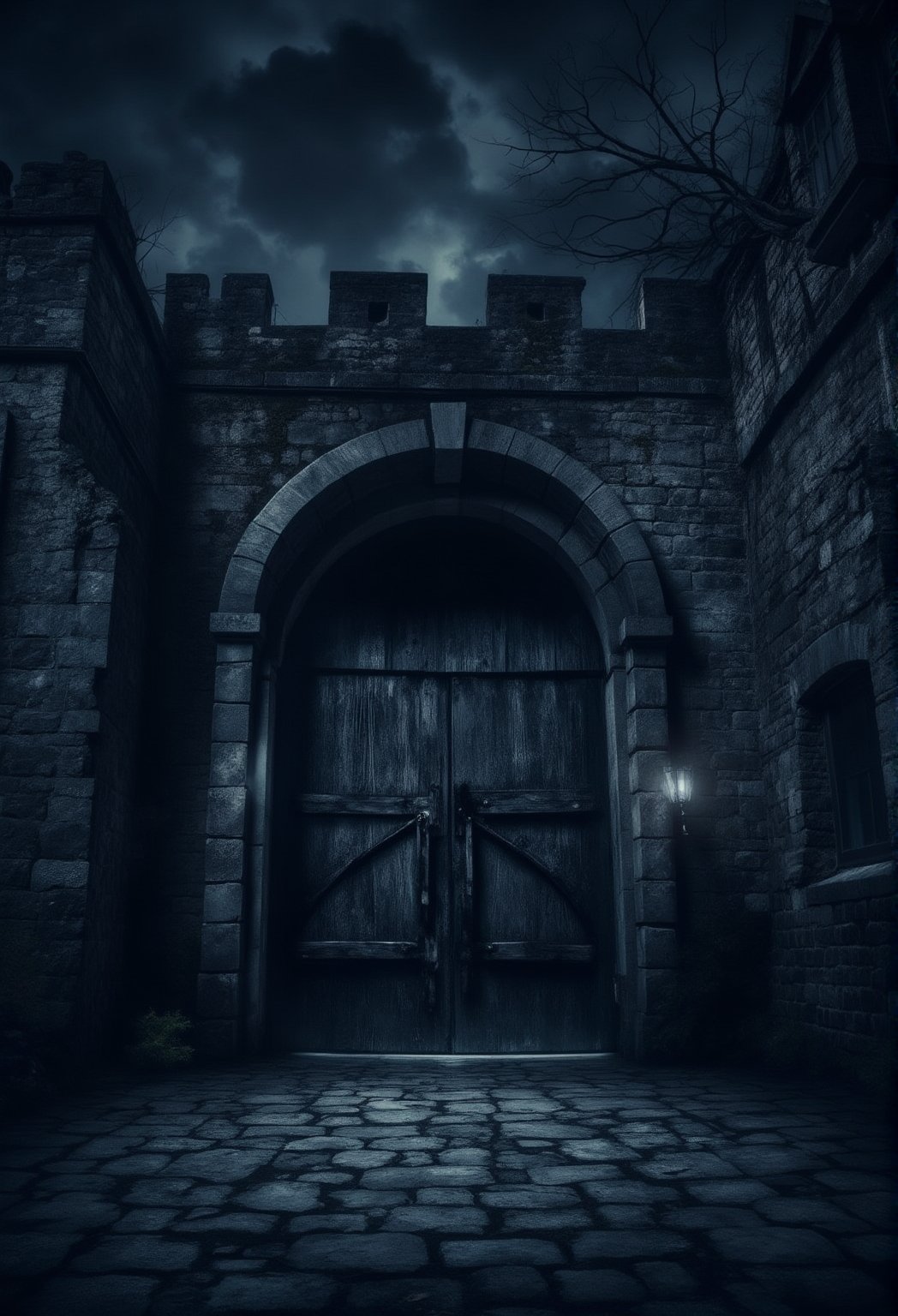 A foreboding, haunted huge castle stands imposingly before a worn, iron entrance gate, its stone walls shrouded in darkness and misty uncertainty. The gate's massive wooden doors hang ominously ajar, creaking softly in the flickering torchlight that casts eerie shadows on the surrounding stones.DarkAura,ABMhauntedVibe, 