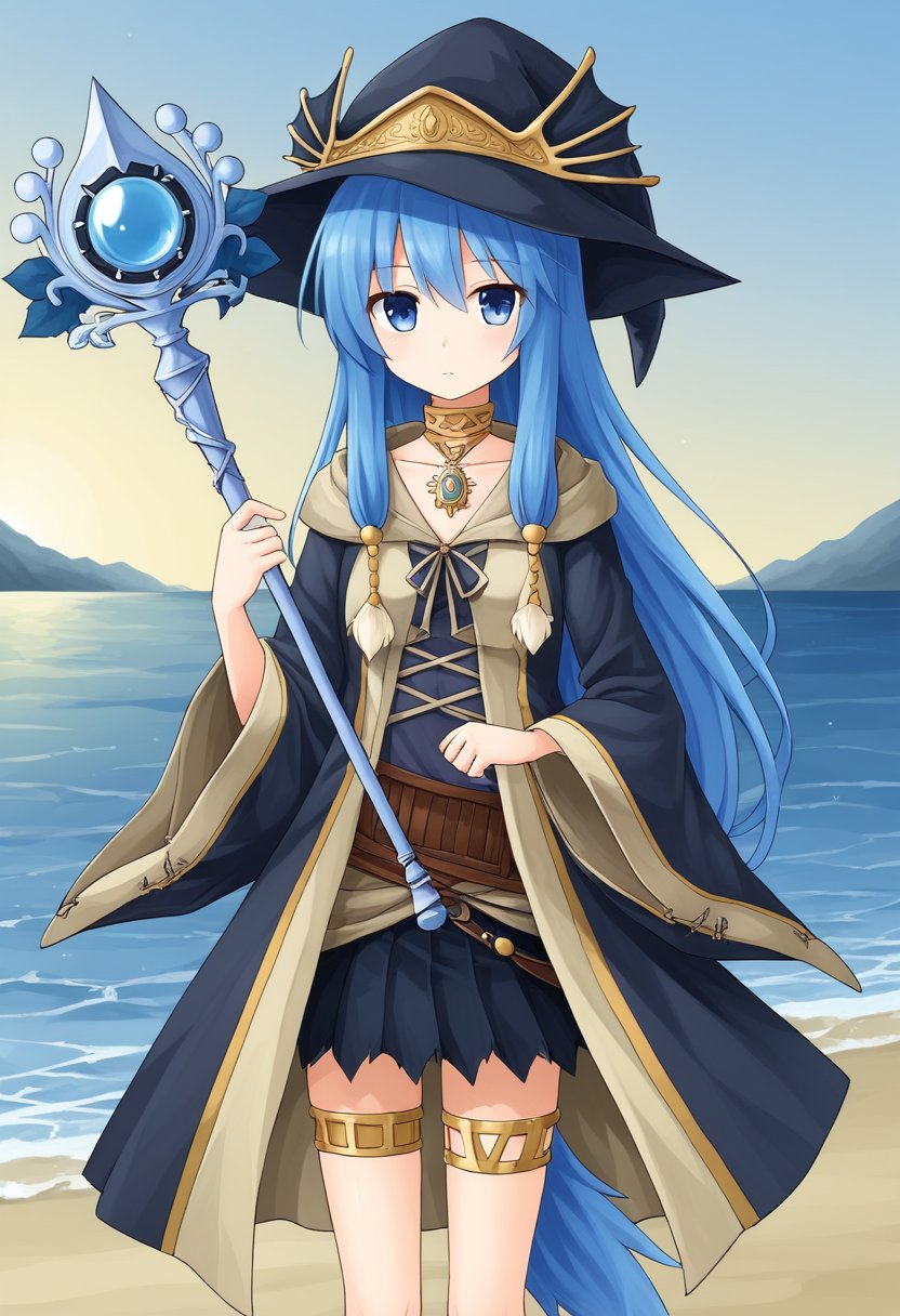 1girl, solo, arielerialritua, duel monster, blue hair, long hair, blue eyes, witch hat, pom pom \(clothes\), choker, necklace, hooded robe, wide sleeves, torn skirt, belt, thighlet, holding, staff, outdoors, sea, cowboy shot