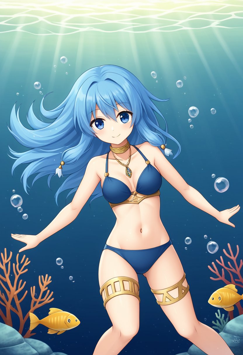 1girl, solo, arielerialritua, duel monster, blue hair, long hair, blue eyes, pom pom \(clothes\), blue bikini, thighlet, choker, necklace, underwater, bubbles, fish, coral reef, floating, smile, looking at viewer,