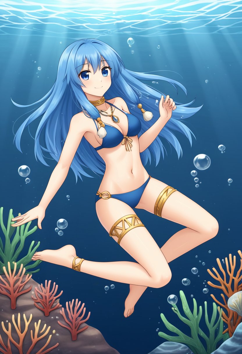 1girl, solo, arielerialritua, duel monster, blue hair, long hair, blue eyes, pom pom \(clothes\), blue bikini, thighlet, choker, necklace, underwater, bubbles, fish, coral reef, floating, smile, looking at viewer,