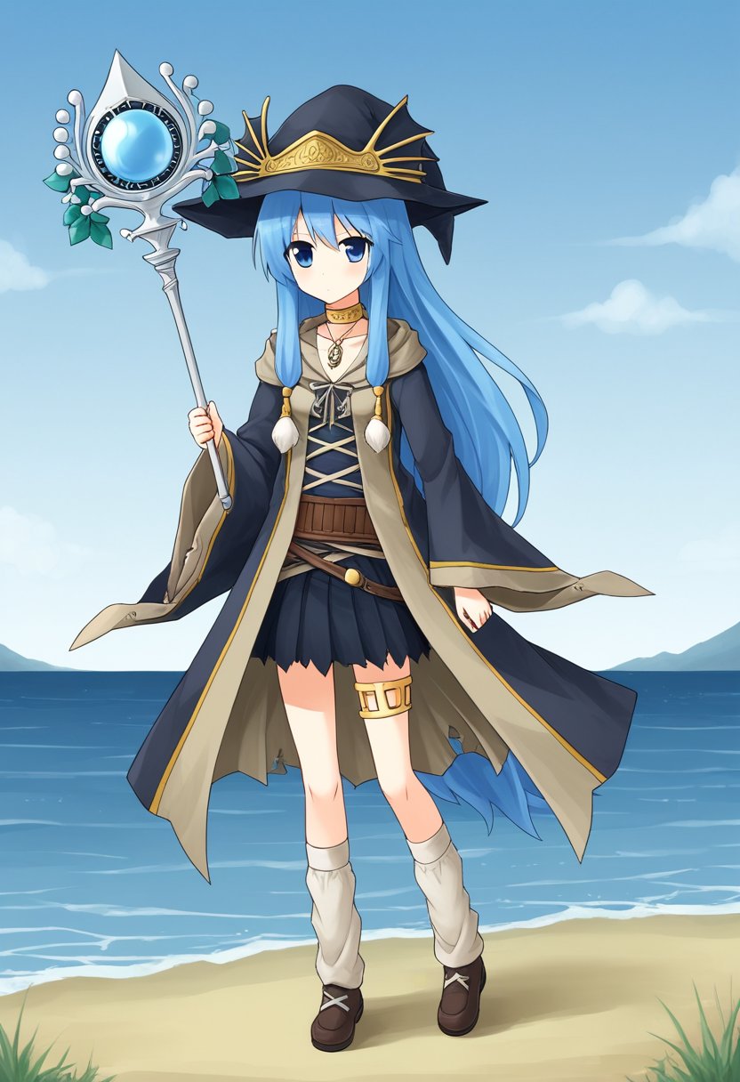 1girl, solo, arielerialritua, duel monster, blue hair, long hair, blue eyes, witch hat, pom pom \(clothes\), choker, necklace, hooded robe, wide sleeves, torn skirt, belt, thighlet, leg warmers, shoes,  holding, staff, outdoors, sea, full body