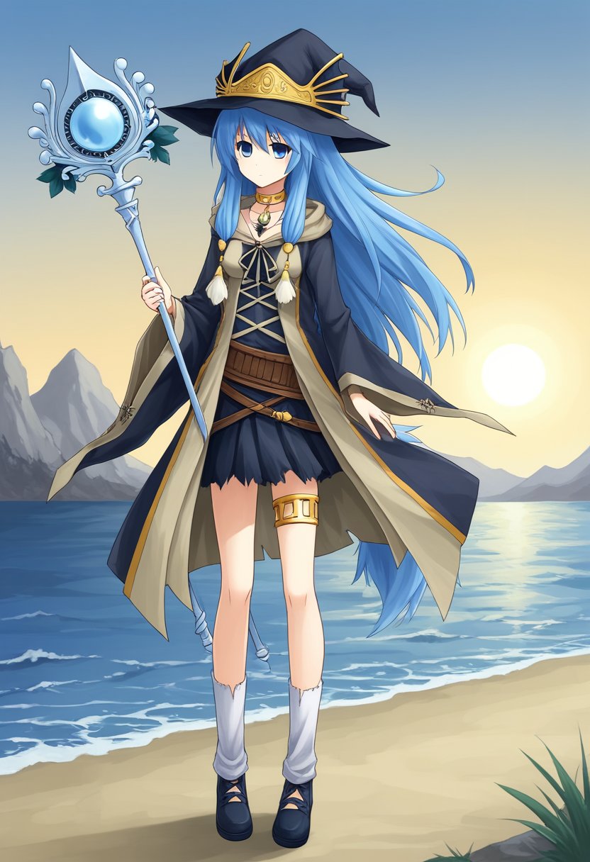 1girl, solo, arielerialritua, duel monster, blue hair, long hair, blue eyes, witch hat, pom pom \(clothes\), choker, necklace, hooded robe, wide sleeves, torn skirt, belt, thighlet, leg warmers, shoes,  holding, staff, outdoors, sea, full body