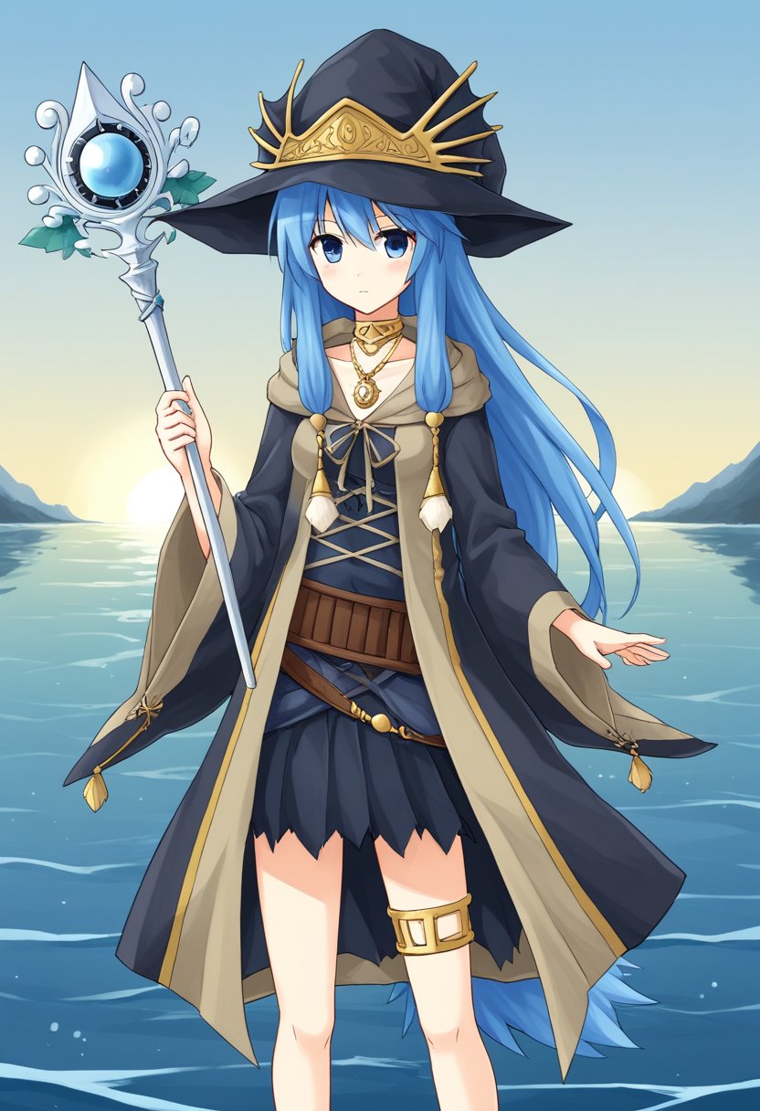 1girl, solo, arielerialritua, duel monster, blue hair, long hair, blue eyes, witch hat, pom pom \(clothes\), choker, necklace, hooded robe, wide sleeves, torn skirt, belt, thighlet, holding, staff, outdoors, sea, cowboy shot