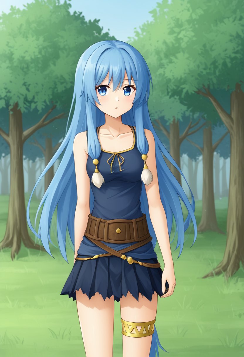 1girl, solo, arielerialritua, duel monster, blue hair, long hair, blue eyes, pom pom \(clothes\), dark blue shirt, sleeveless, collarbone, torn skirt, belt, thighlet, outdoors, standing, parted lips, cowboy shot