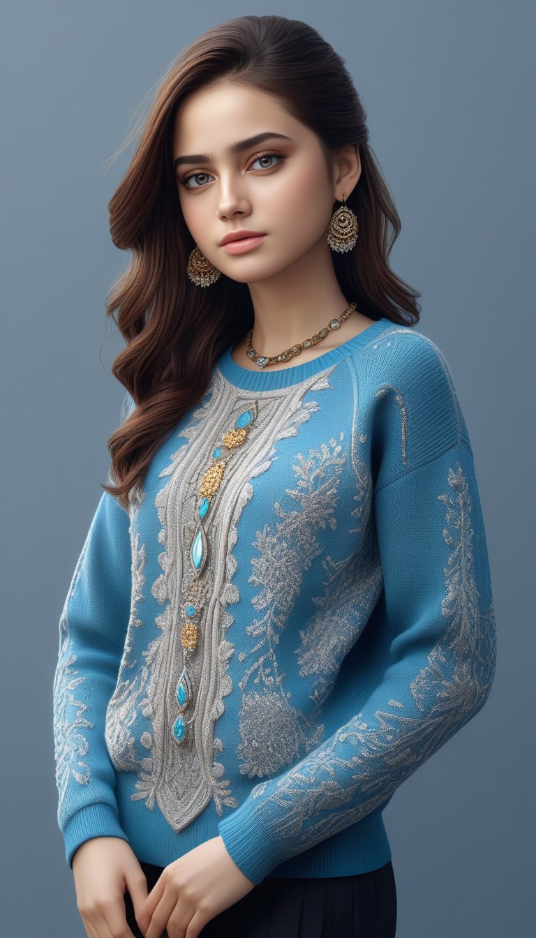 (best quality,4k,8k,highres,masterpiece:1.2),ultra-detailed,(realistic,photorealistic,photo-realistic:1.37),award winning digital art a full body portrait of a beautiful girl, detailed intricate, serene expression, wearing sweater, detailed clothing folds, detailed jewelry, detailed background,SH