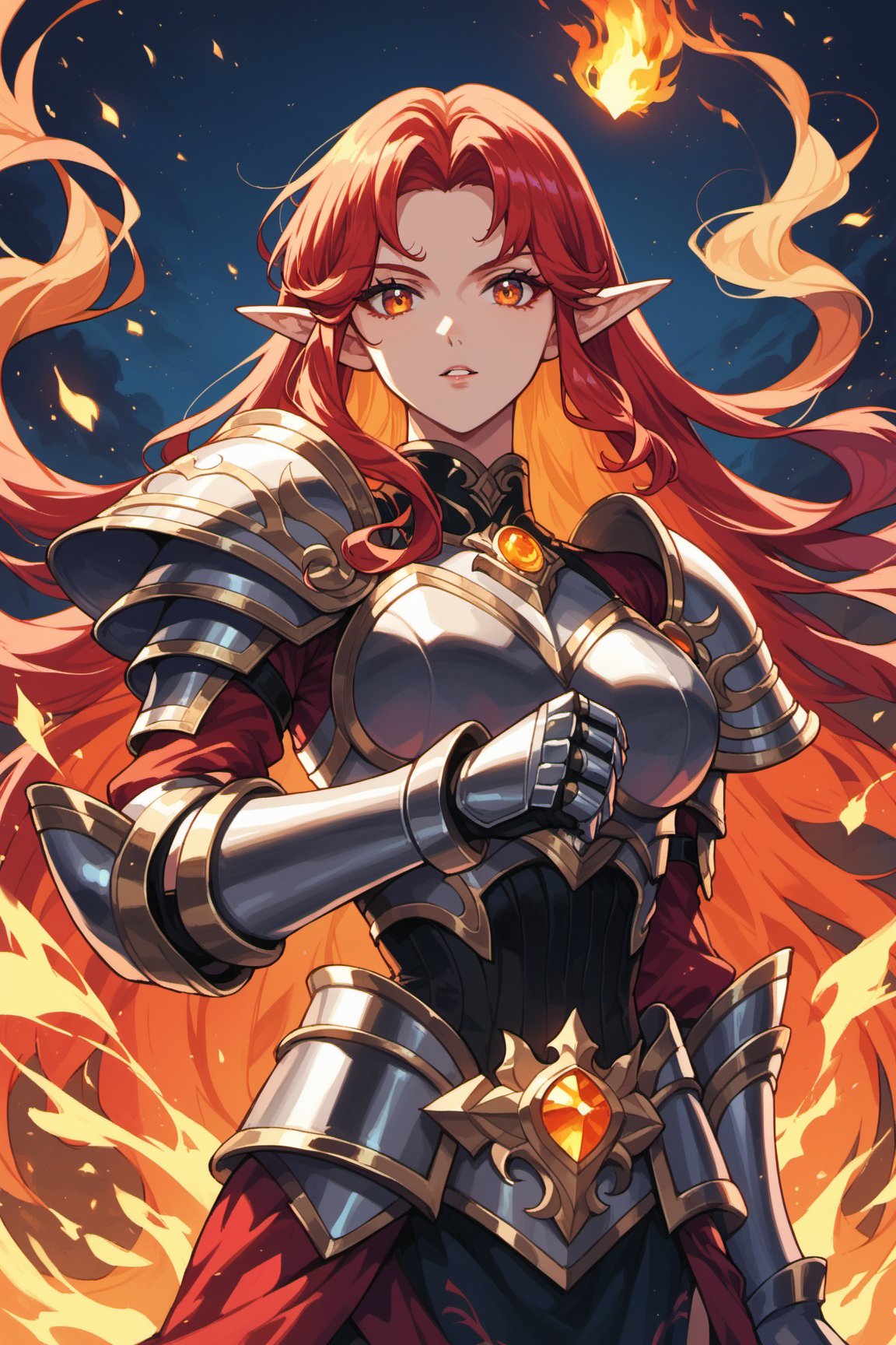 score_9, score_8_up, score_7_up, BREAK beautiful, ethereal glow, luminous highlights, 1girl, pointy ears, armor, fire, solo, long hair, red hair, looking at viewer, orange eyes, parted lips, shoulder armor, gauntlets, parted bangs, red eyes, elf, pauldrons, hand up