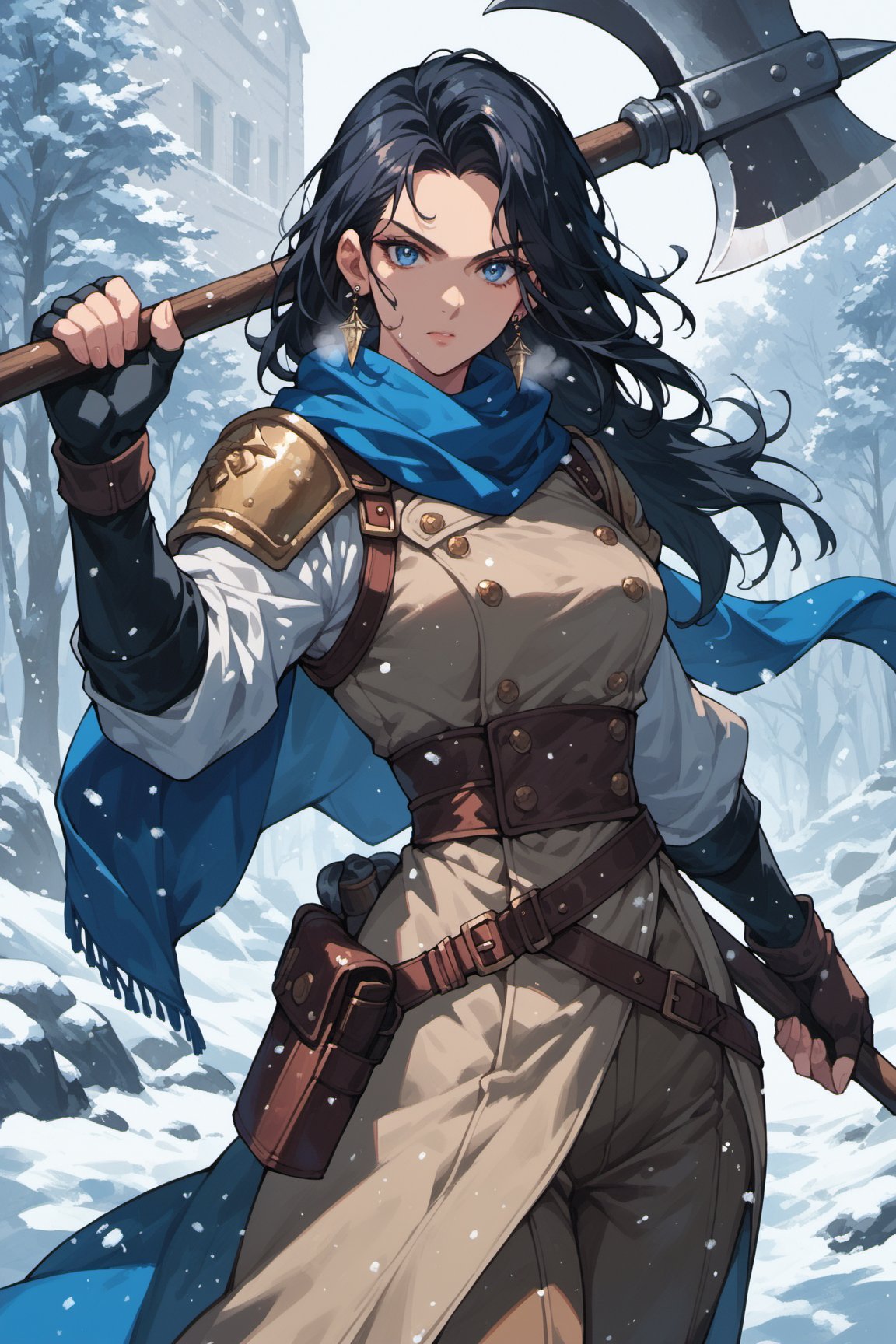 score_9, score_8_up, score_7_up, 1girl, weapon, solo, long hair, gloves, halberd, blue eyes, earrings, jewelry, looking at viewer, thin waist, large hip, cold breath, holding axe, fingerless gloves, holding weapon, snowing, black hair, scarf, outdoors, sheathed