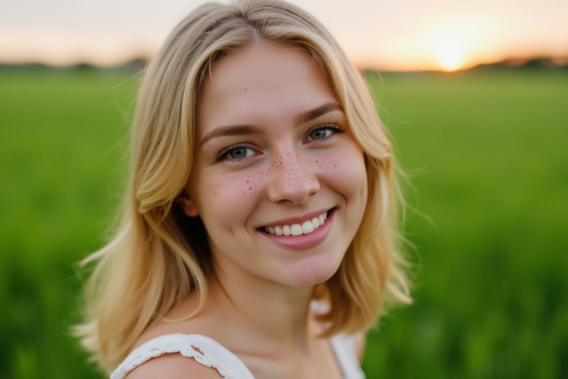 Her dimples are the centerpiece of the photograph. This is a high-resolution photograph of a young woman outdoors in a lush, green meadow during what appears to be late afternoon or early evening, given the soft, warm lighting. The woman is positioned in the center of the image, looking directly at the camera with a gentle, friendly smile. She has fair skin with a scattering of freckles across her face and neck, particularly prominent on her cheeks and nose. She has blonde shoulder length hair and blue eyes, and only her lips are smiling.