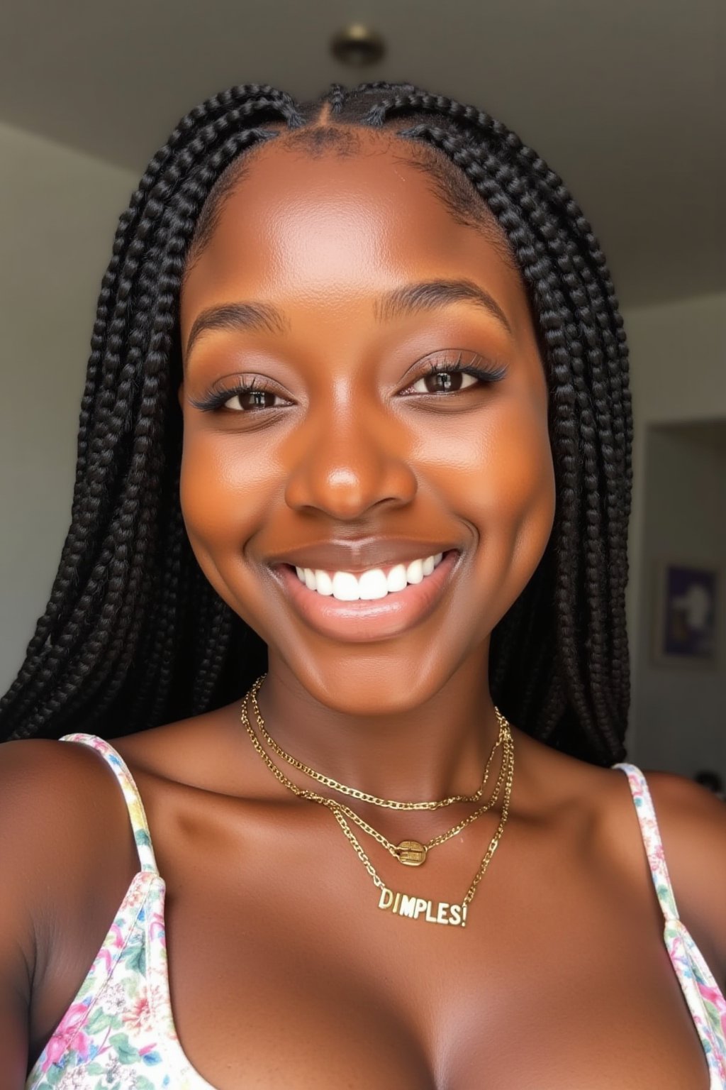 Her deep dimples are the centerpiece of this photograph. This is a photograph of a young woman with deep, rich chocolate brown skin. She has a radiant complexion with a slight sheen, indicating healthy skin. Her hair is styled in a neat, traditional cornrow hairstyle, with each row of braids neatly aligned. She has a warm, genuine smile, showing off her straight white teeth. Her eyes are almond-shaped and expressive, with a subtle, natural makeup look that enhances her features. She is wearing 3 gold necklaces, one reads "DIMPLES!"