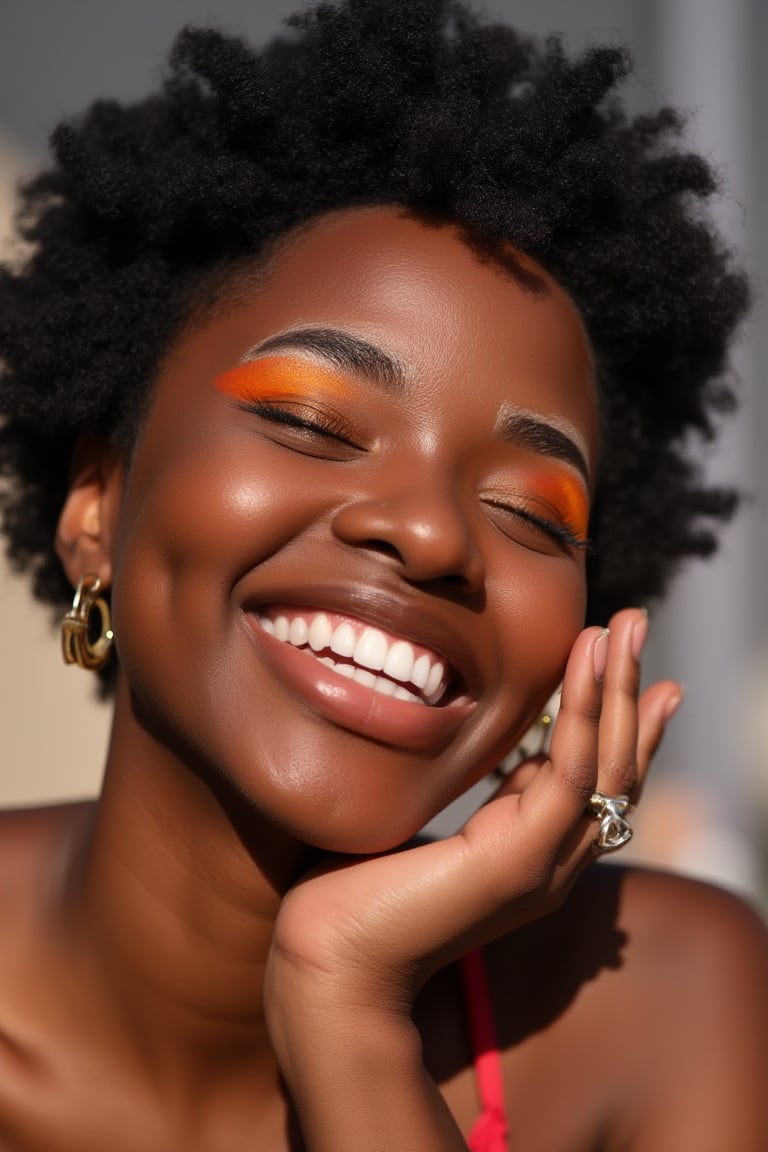 Her dimples are the centerpiece of the photograph. The image is a vibrant, high-resolution photograph of a young woman with a radiant, joyful expression. She has a medium-dark skin tone and short, very curly almost kinky black hair that frames her face. Her eyes are closed, and she's smiling broadly, showcasing her white teeth and the natural creases around her eyes, indicating genuine happiness. Her eyebrows are painted in a bold, bright orange color that stands out against her skin tone. Her hand is positioned alongside her face. She has on hoop earrings, and rings on her fingers. She is wearing red eyeshadow and white eyebrows.