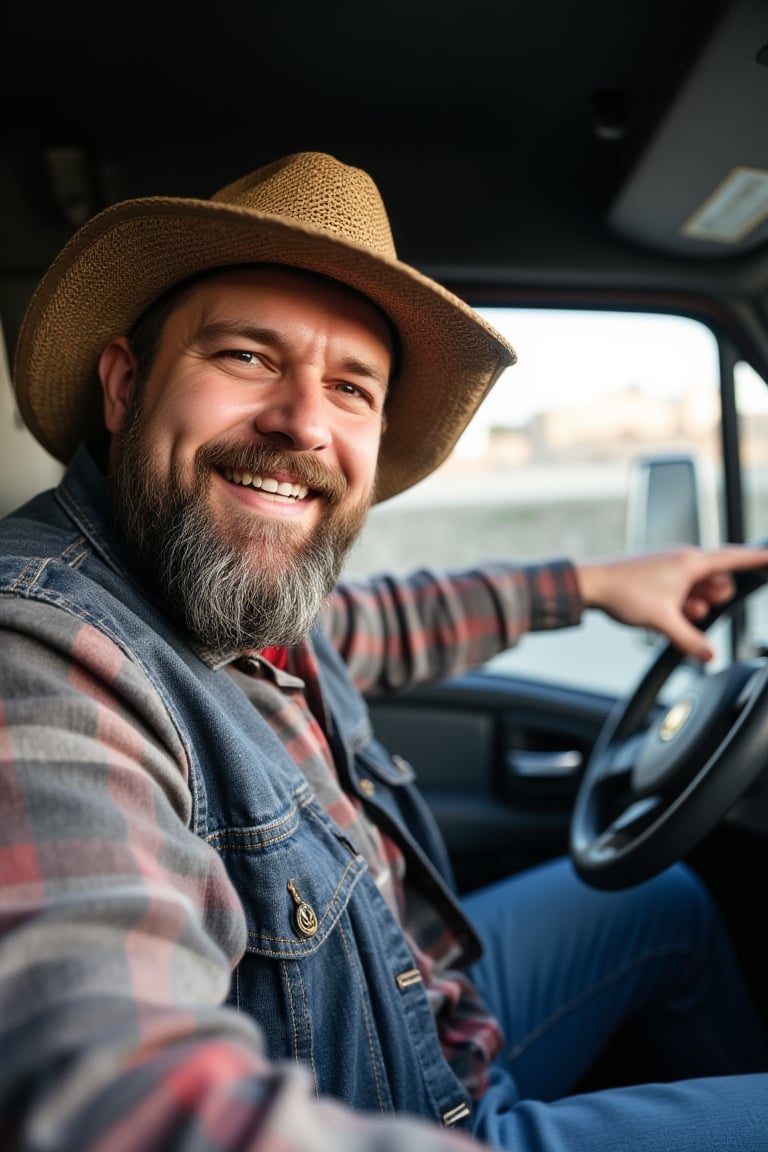 His dimples are the centerpiece of this photograph. A grizzled man is driving in his truck and beaming smiling and watching the road. he has a full beard and is wearing a trucker hat. 