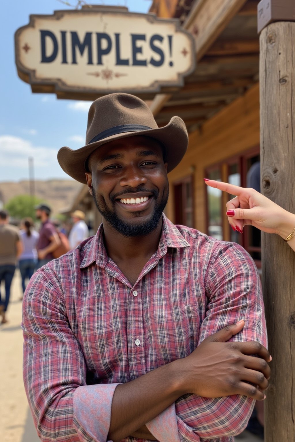 His dimples are the centerpiece of the photograph. A handsome black man is leaning against a sign in an old west town, a woman's hand with cherry red nailpolished nails comes from off screen and points at his cheek. he is wearing a cowbow hat and a plaid button down shirt and has a beard. his face is in profile. His arms are crossed and he is smiling from ear to ear. The sign reads "DIMPLES!"