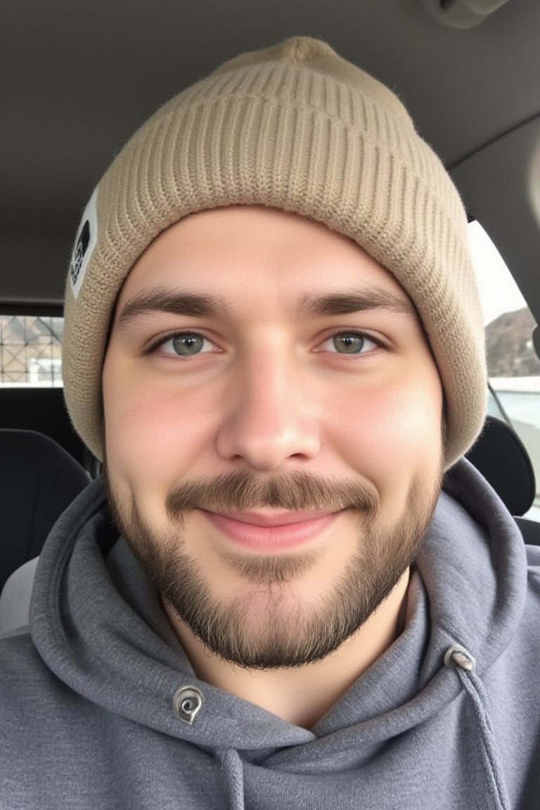 His dimples are the centerpiece of the photograph. The image is a photograph of a man sitting in a car. He is positioned slightly off-center, with his face taking up most of the frame. The man has a light skin tone, blue eyes, and a full beard with a slight scruff on his cheeks. He is wearing a beige, ribbed knit beanie hat with a white label on the side featuring the word "The North Face," a well-known outdoor clothing brand.