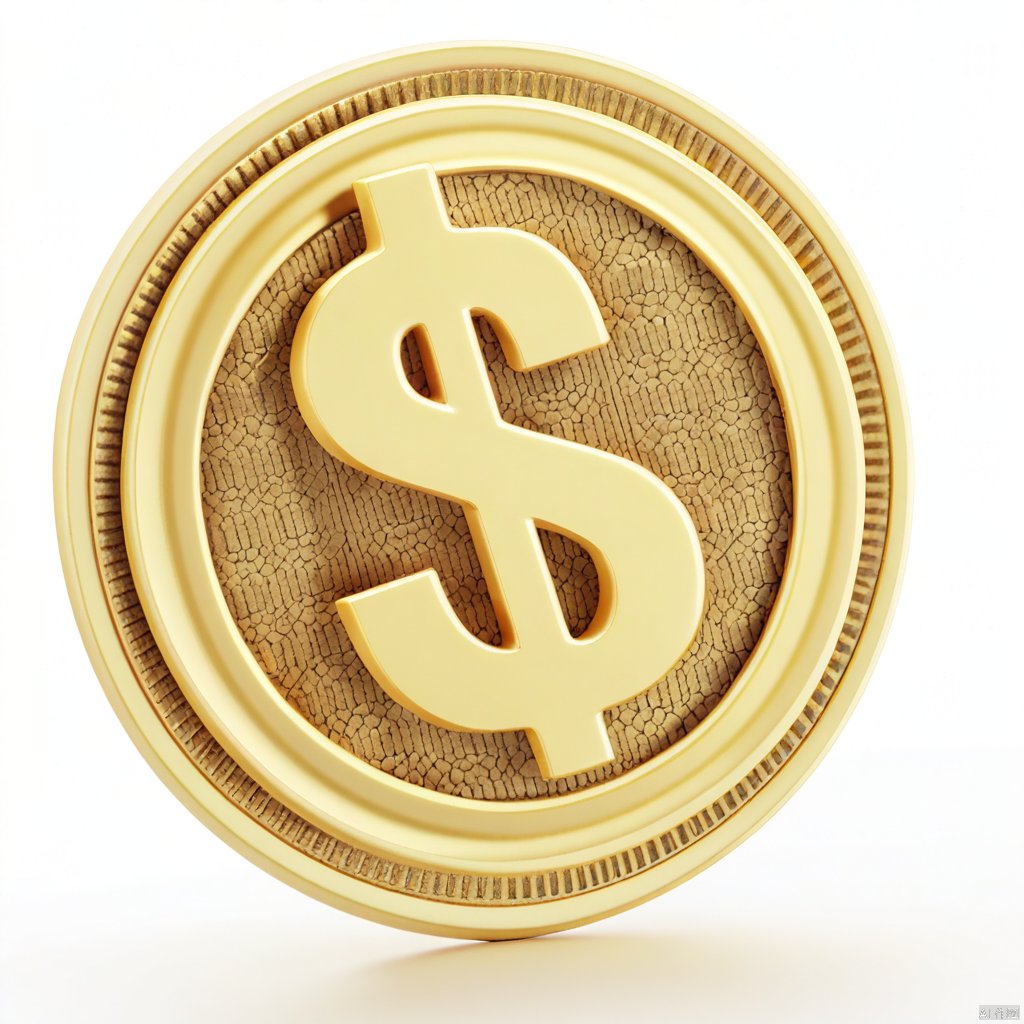 3D_icon,An eye-level view of a gold coin with a white outline of a dollar sign in the center of the coin. The background is completely white.