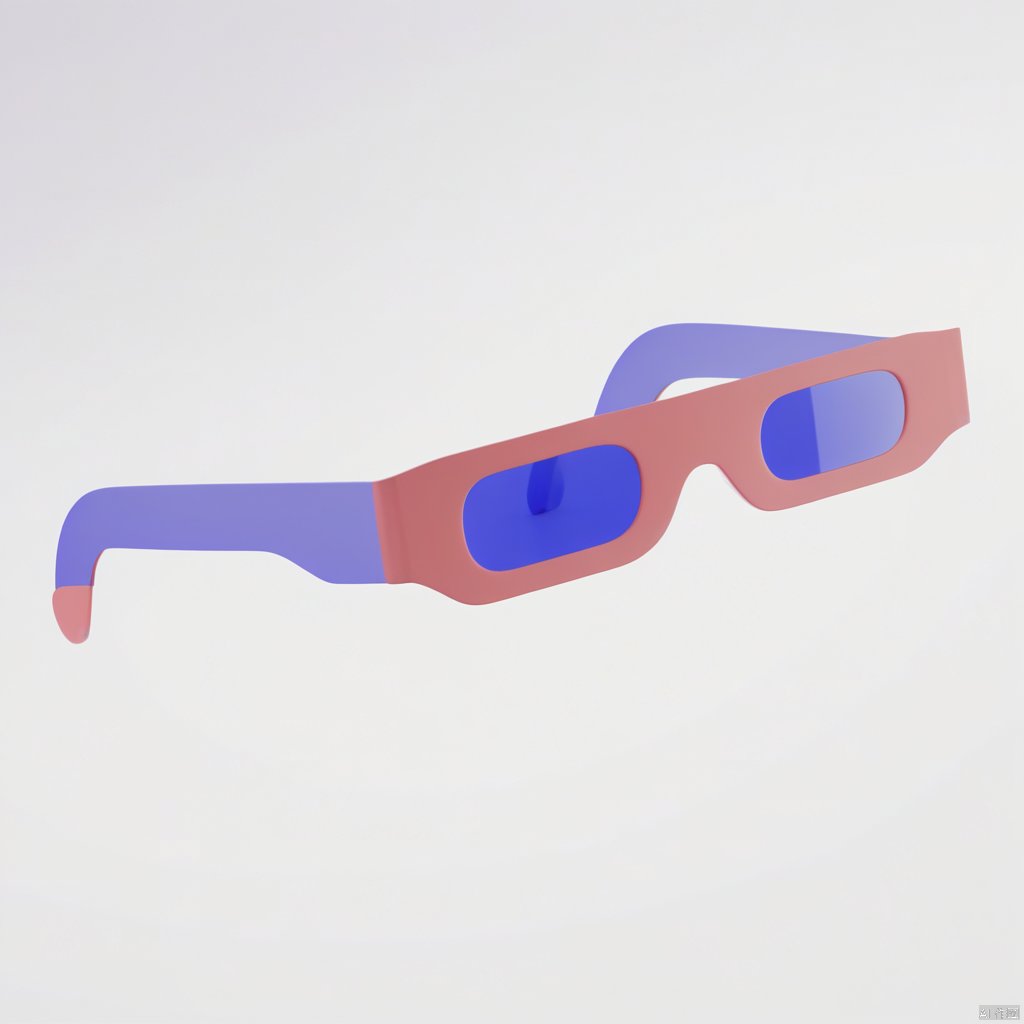 3D_icon, An eye-level view of a purple 3D glasses against a stark white backdrop. The glasses are positioned in a way that creates a striking contrast to the white background. The lenses of the glasses are tinted purple, while the lens is tinted a bright red. The lens is positioned at the bottom of the frame, with a slight curve at the top. The frame is positioned to the right of the lens, adding a pop of color to the image.