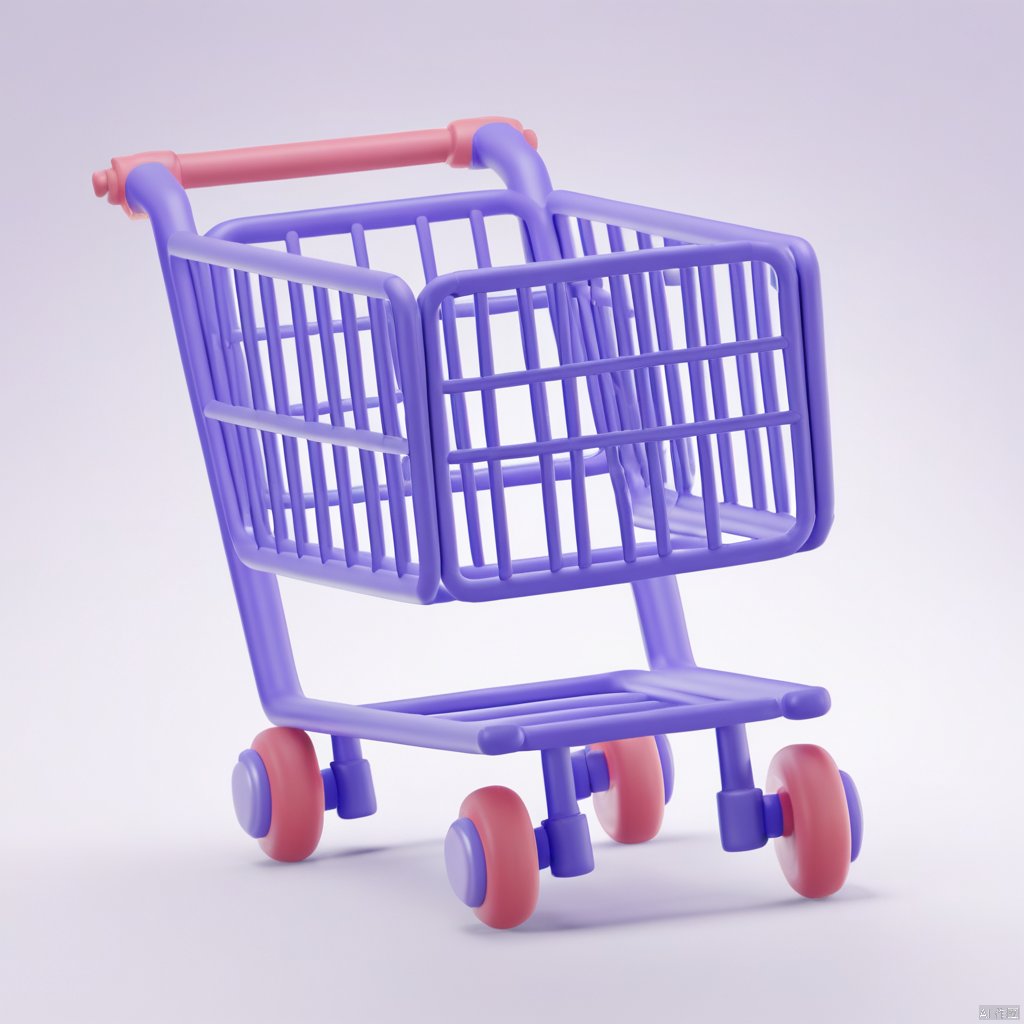 3D_icon, A 3D rendering of a purple shopping cart against a stark white backdrop. The handle of the shopping cart is a vibrant shade of purple, with a red stripe at the top of the handle. The cart is made up of a light purple material, with four purple wheels at the bottom of the frame. The wheels are also a darker purple color, and the handle is a lighter shade of red.