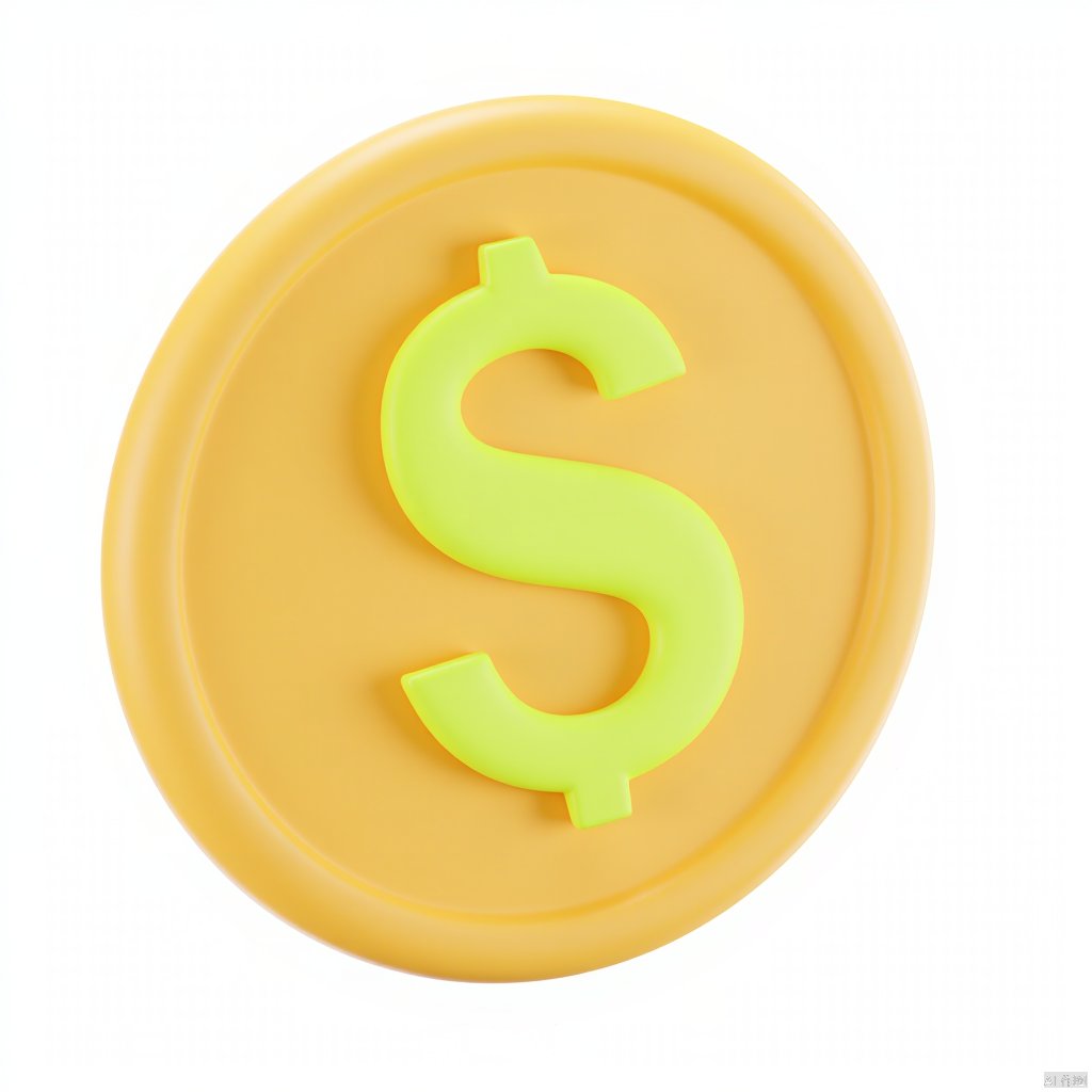 3D_icon, An eye-level view of a gold coin with a light-green outline of a dollar sign in the center of the coin. The background is completely white.