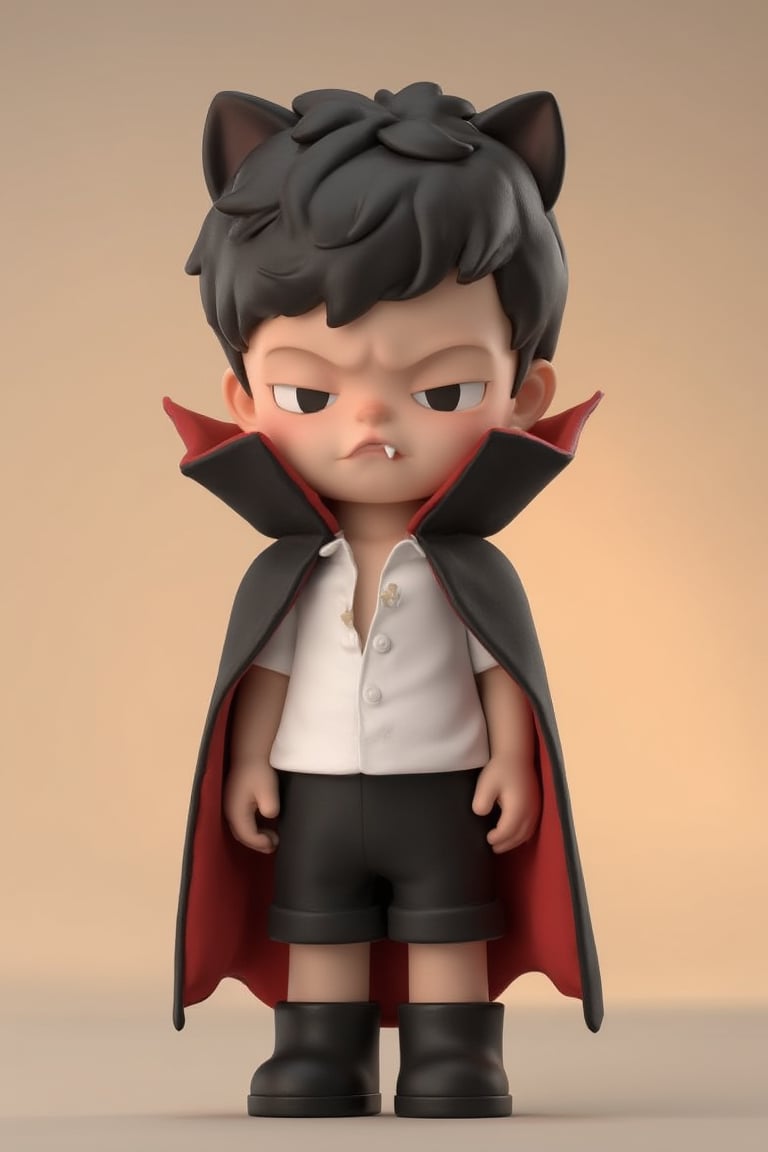 Create a stylized 3D model of a small boy with rounded, soft features, dressed in a cute vampire costume. The boy wears a tiny black cape with a red lining, a white button-up shirt, and black shorts. A playful bat-ear headband sits atop his messy hair. His expression remains slightly grumpy but endearing. Tiny fangs peek from his mouth, and his shoes are simple black boots, adding charm to the Halloween theme