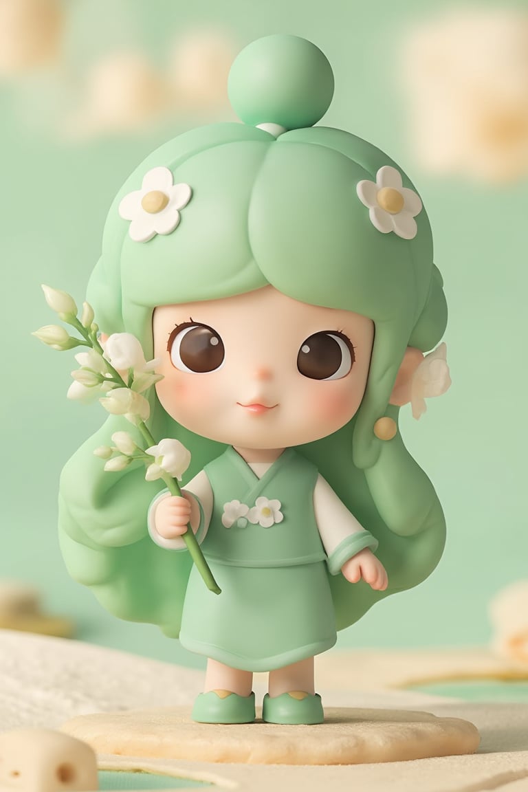 Blind box 3D image of cute little girl representing spring, Chinese traditional style, light green, cute big eyes, Long light green hair, brown eyes, wearing a dress, holding a willow branch, full figure, delicate features, holographic, full body, three view cartoon image, generate front view, side view, back view three view, keep consistency and uniformity, clean background, natural light, 8K, best quality, super detail, 3D, C4D, Blender, OC rendering, HD, super detail.