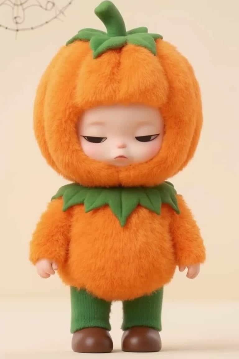 Design a small boy with round, soft features, dressed in a pumpkin-themed costume. He wears an orange, puffy bodysuit resembling a pumpkin, complete with a green stem hat on his head. His facial expression is slightly pouty and cute. Green stockings cover his legs, and he wears brown shoes. The costume gives a playful and festive Halloween vibe, contrasting with his serious little face