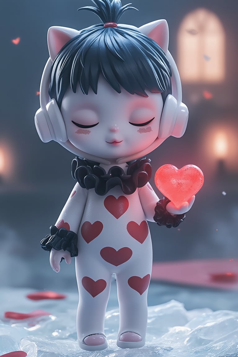 Create a stylized 3D character with pale skin, short black hair, a top-knot, and half-lidded eyes with heart markings under them. Dress the character in a bodysuit with heart motifs, black ruffled collars, and cuffs. Add heart-shaped ear muffs and have the character hold a glowing red heart in one hand. The background is icy with mist, blending a cute yet eerie vibe