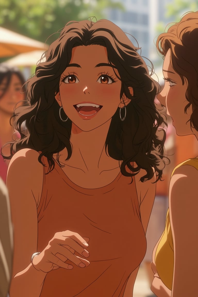 vibrant Moe anime scene of a beautiful woman with curly hair, happily talking with friends. Her eyes are large, glossy, and expressive, reflecting her joy and warmth. She wears casual, colorful attire, and the scene is framed mid-shot, capturing her animated gestures and the lively conversation. The background is a lively, sunlit setting, with soft, warm lighting that enhances the cheerful atmosphere. Her friends are similarly animated, adding to the dynamic and joyful composition.