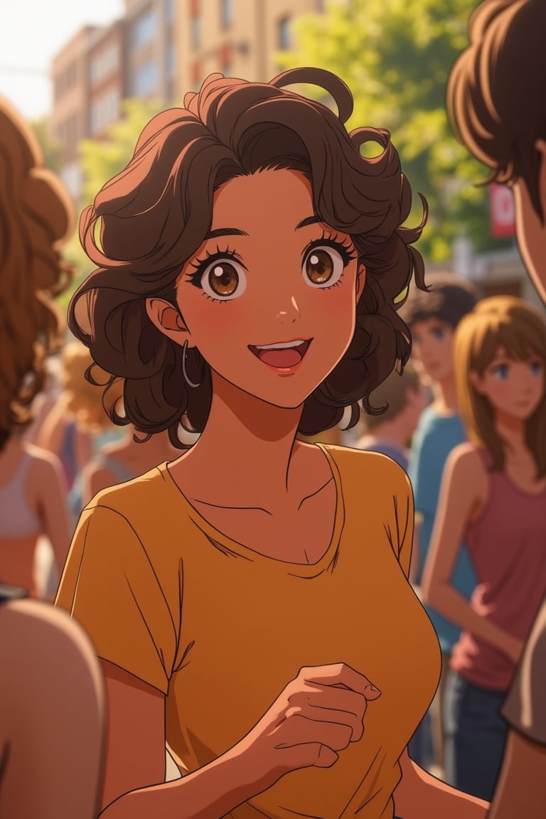 vibrant Moe anime scene of a beautiful woman with curly hair, happily talking with friends. Her eyes are large, glossy, and expressive, reflecting her joy and warmth. She wears casual, colorful attire, and the scene is framed mid-shot, capturing her animated gestures and the lively conversation. The background is a lively, sunlit setting, with soft, warm lighting that enhances the cheerful atmosphere. Her friends are similarly animated, adding to the dynamic and joyful composition.