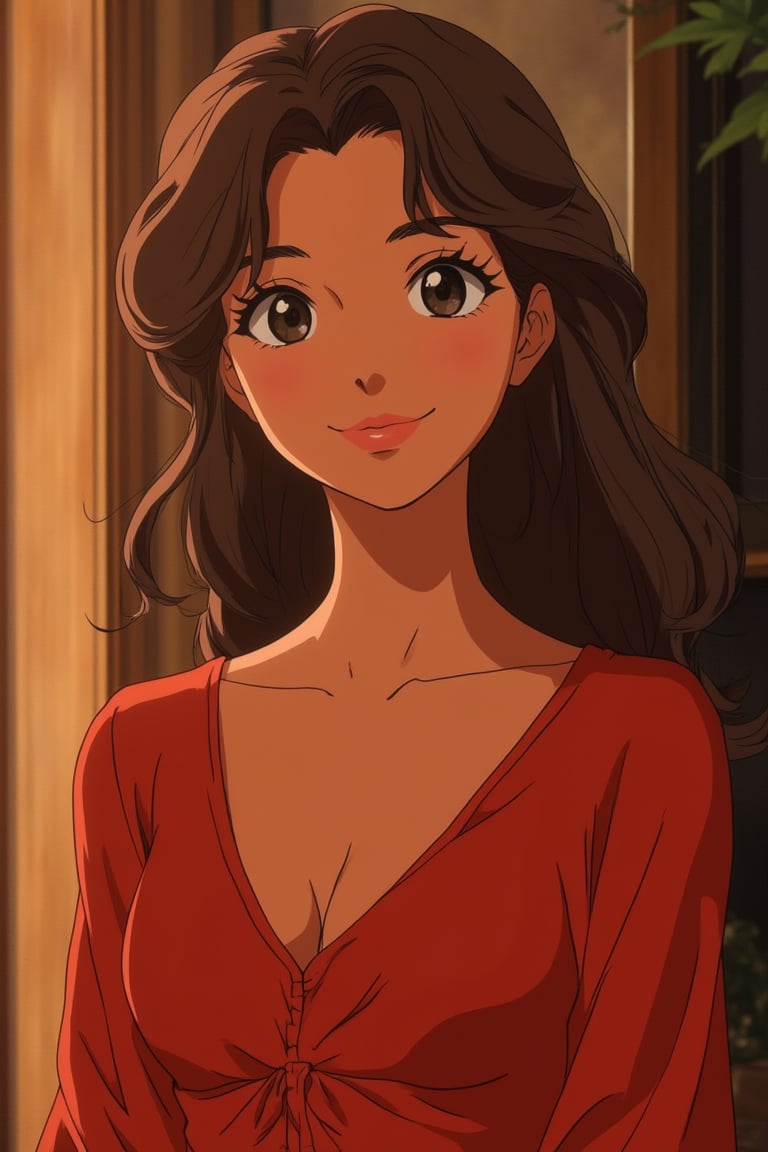 vibrant Moe anime portrait of a beautiful woman with wavy hair, smiling warmly. Her eyes are large, glossy, and expressive, capturing a sense of charm and elegance. She wears a flowy red dress that drapes gracefully, accentuating her figure. The scene is framed close-up, focusing on her radiant face and the soft, warm lighting that enhances her beauty. The background is softly blurred, drawing attention to her enchanting presence.