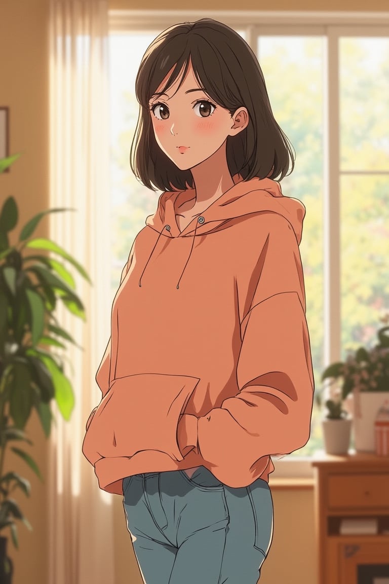 A vibrant Moe anime illustration featuring a young woman in casual wear, standing in a cozy, sunlit room. She wears a pastel-colored hoodie and jeans, with a playful expression. The scene is framed mid-shot, capturing her relaxed pose and the soft, warm lighting that highlights her cheerful demeanor. The background is a simple, yet inviting, interior with a few personal items adding to the homely atmosphere.