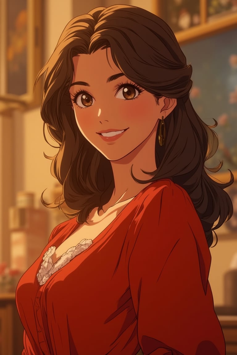 vibrant Moe anime portrait of a beautiful woman with wavy hair, smiling warmly. Her eyes are large, glossy, and expressive, capturing a sense of charm and elegance. She wears a flowy red dress that drapes gracefully, accentuating her figure. The scene is framed close-up, focusing on her radiant face and the soft, warm lighting that enhances her beauty. The background is softly blurred, drawing attention to her enchanting presence.