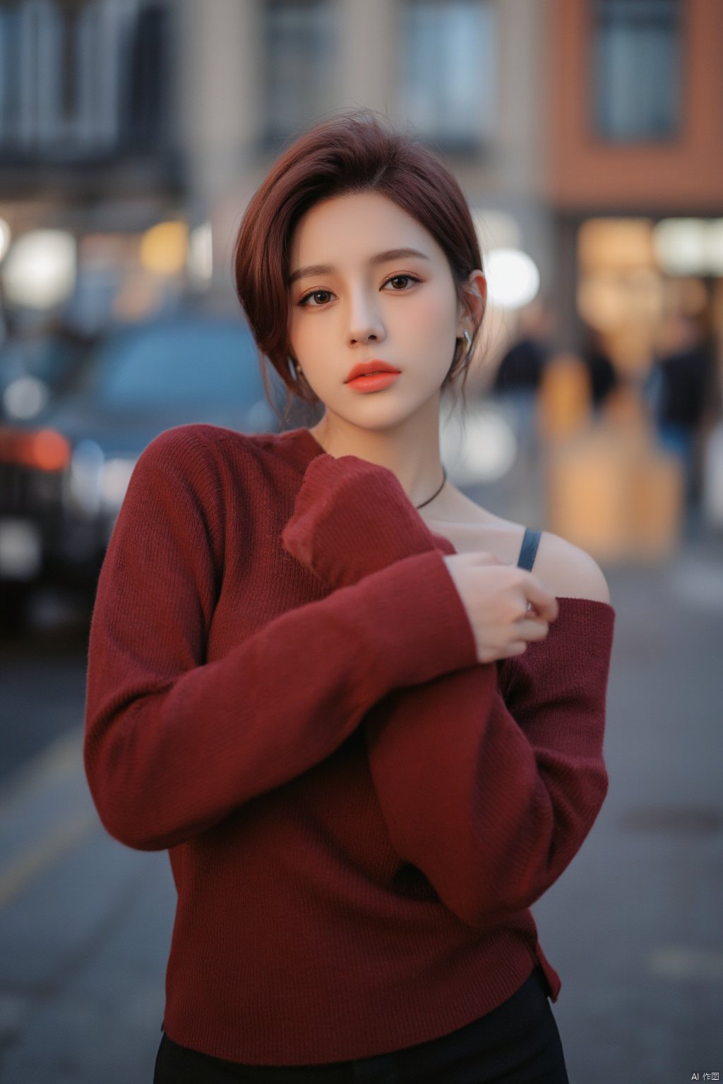 masterpiece,high quality,realistic aesthetic photo,pore and detailed,intricate detailed,graceful and beautiful textures,RAW photo,16K,cinematic lighting,cool tone,focus on girl,in the city,upper body shot,1girl,beautiful face,light-smile,beutiful dark-red short hair,detailed dark-eyes,smooth skin,juicy lips,eye_shadow,medium breasts,thin necklace,dark-red oversize off-shoulder sweater,