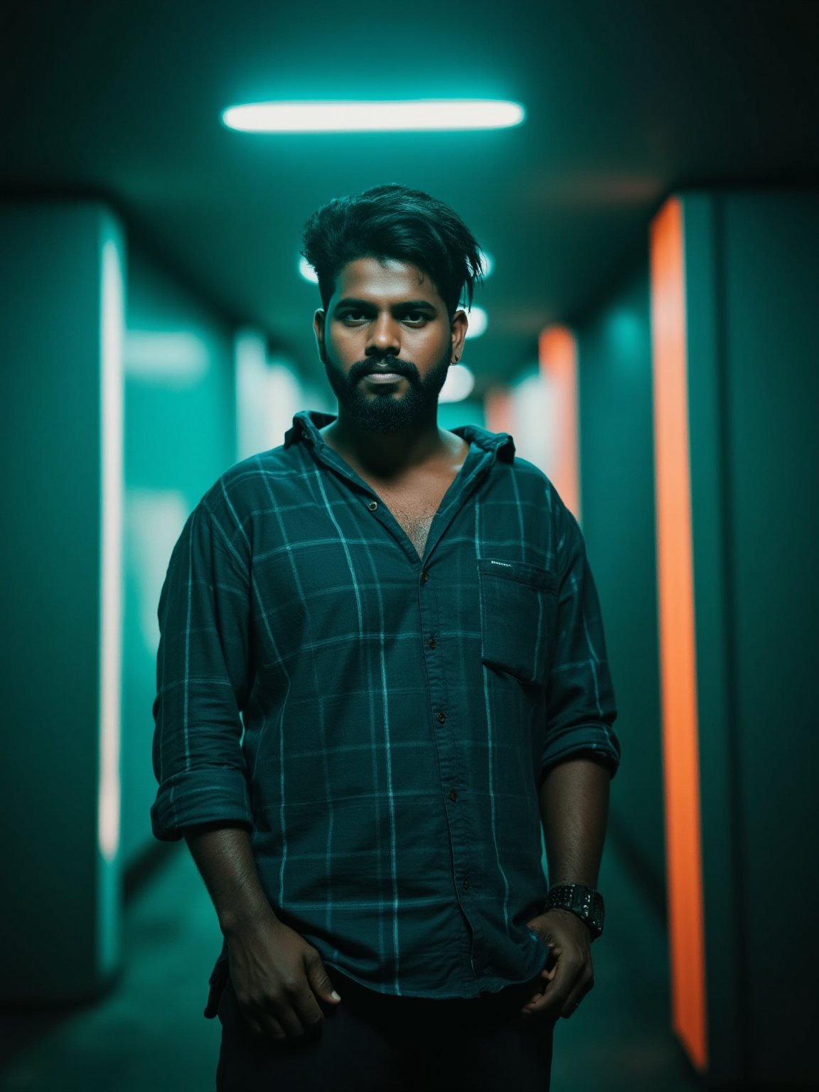 A mallu man 25year old,  shirt and lungi, Futuristic , cinematic lighting, teal and orange colour lights, shot on arri Alexa XT 