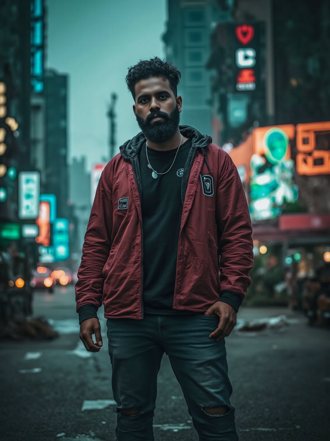 A cyberpunk-inspired scene of an Indian man with a thick beard, standing in an urban dystopian cityscape. Jeans, Nike shoes, The teal and red lights from nearby signs and buildings reflect off his face, casting deep shadows. He wears a futuristic red jacket with neon accents, surrounded by holographic advertisements and futuristic architecture. Shot in cinematic style using Arri Alexa XT, capturing fine textures and dramatic lighting , teal and orange lighting, cinematic, cyberpunk suit colours. .highly detailed . high_resolution, highly detailed, sharp focus.8k,More Detail,DarkTheme,Epicrealism,Gil25yo