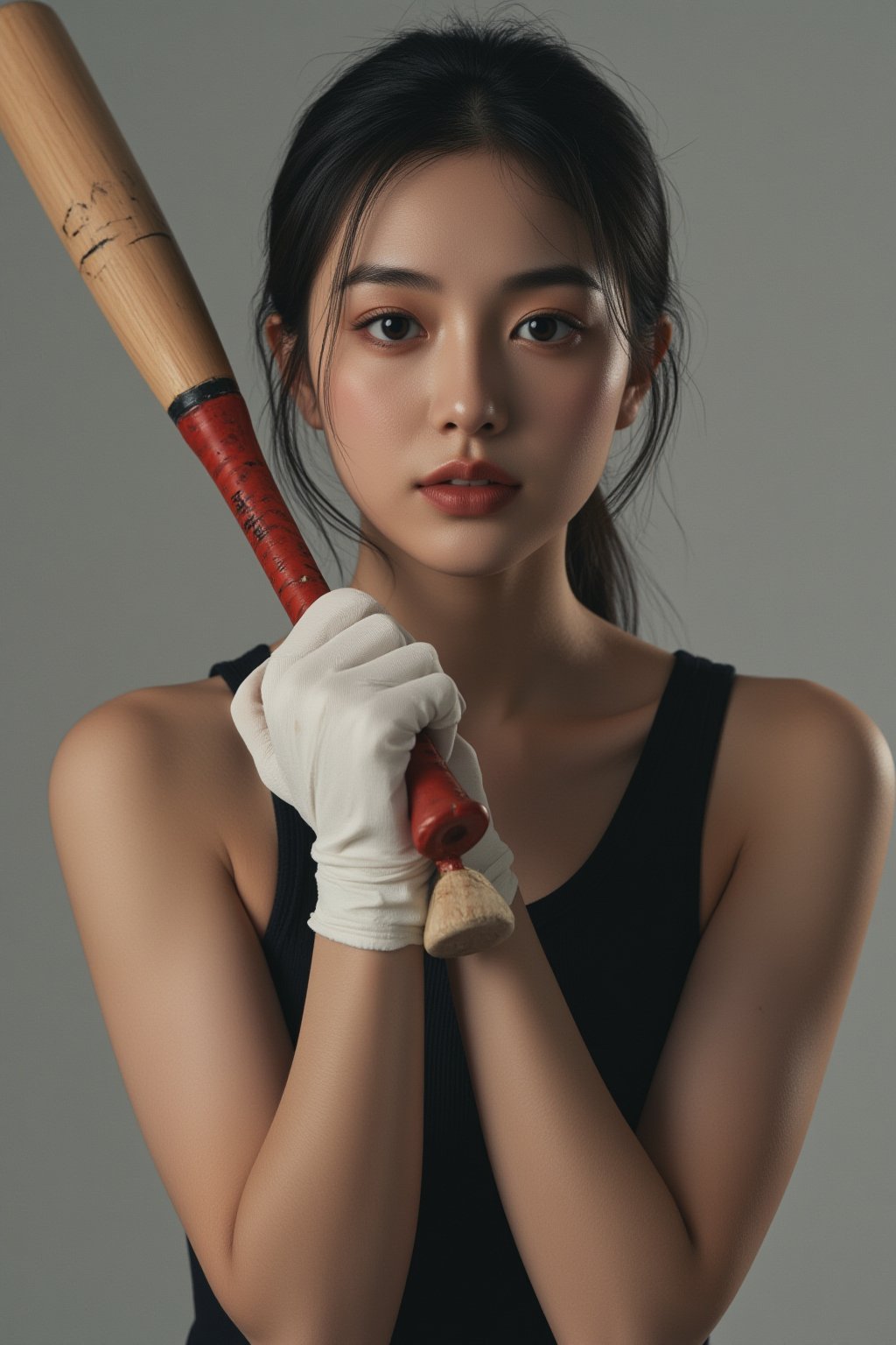 photorealistic,portrait of hubggirl, Stylish schoolgirl pose with a baseball bat, exuding confidence and sportiness.