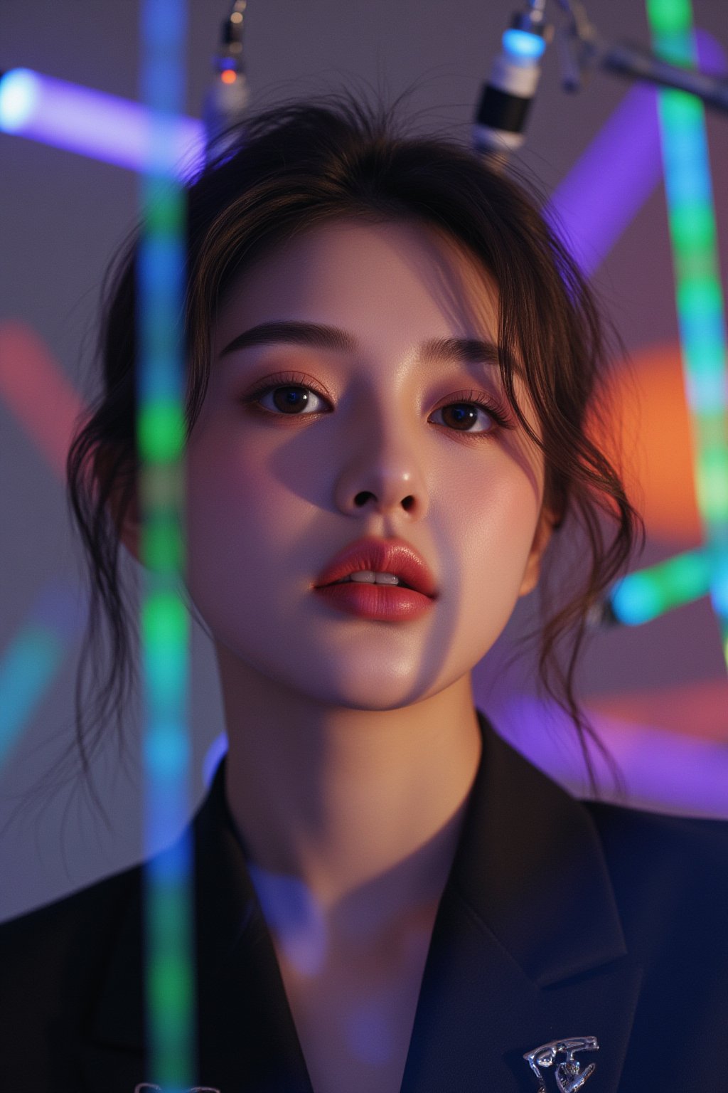 A stunning masterpiece! In a studio setting, a 21-year-old woman dressed in a Prada school uniform and elegant makeup with pink eyeshadow gazes directly at the viewer. Her gaze is enhanced by subtle side lighting, creating a sense of depth and dimensionality. The background is simple yet effective, allowing the subject to take center stage. The atmosphere is electric, with vibrant and colorful LED lights surrounding her, evoking the excitement of a nightclub setting. The wide-angle lens captures a dynamic composition, featuring detailed textures and a classy aesthetic that exudes confidence and sophistication, as if she's ready to hit the dance floor.