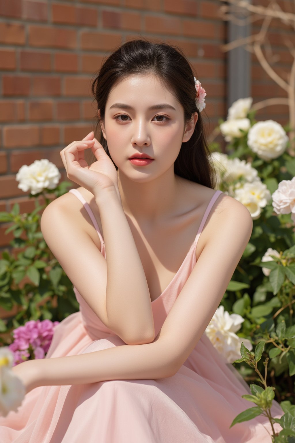 The image features a woman sitting among what appears to be a field of flowers. Her attire consists of a pink dress, and she has a delicate flower accessory adorning her hair. She is positioned in the foreground with soft lighting that casts gentle shadows on her face and body, suggesting a serene and peaceful atmosphere.In the background, there are elements like flowers and what seems to be a brick wall or a similar architectural feature, adding depth to the scene. The relationship between light and shadow is naturalistic¡ªthe sunlight is diffused evenly across her face and shoulders, with subtle shadows indicating the direction of the source light.The overall style of the image is reminiscent of a fashion or lifestyle photograph, designed to convey a sense of tranquility and elegance. The focus on the woman's attire and the soft, romantic setting suggests that it may be related to a beauty or fashion campaign.
