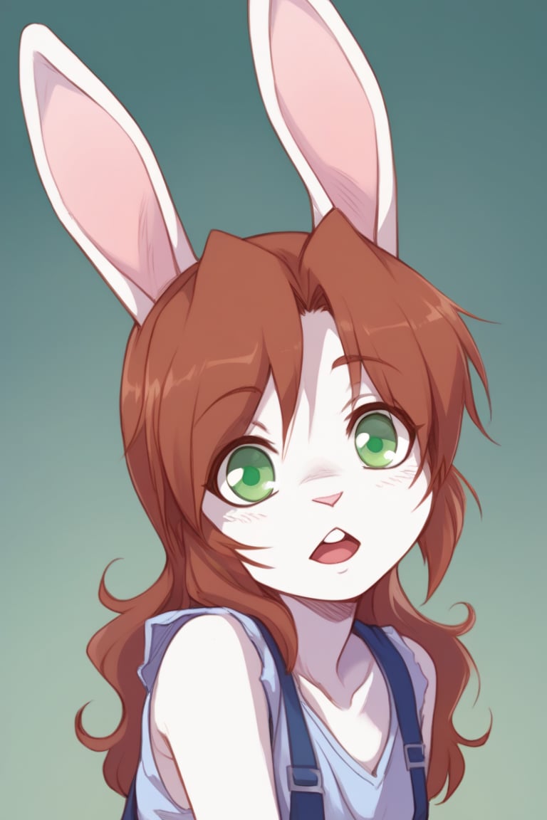  ,score_9, score_8_up, score_7_up, score_6_up, source_anime,source_furry,brown Hair, esellen, Ethersaga style, by Ethersaga, 1girl, rabbit ears, green eyes, white skin , two tone skin ,looking at viewer, upper teeth only,